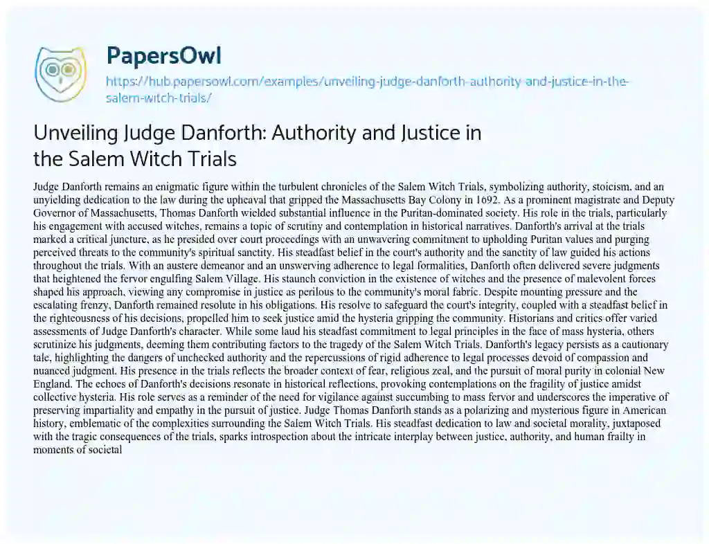Essay on Unveiling Judge Danforth: Authority and Justice in the Salem Witch Trials