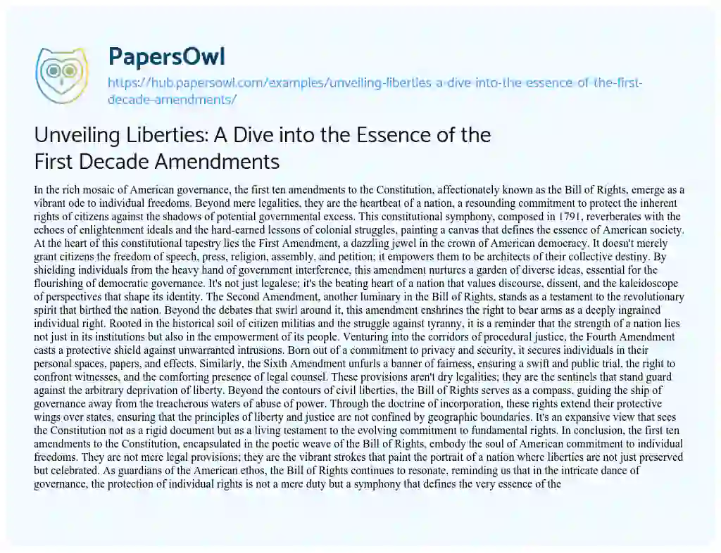Essay on Unveiling Liberties: A Dive into the Essence of the First Decade Amendments