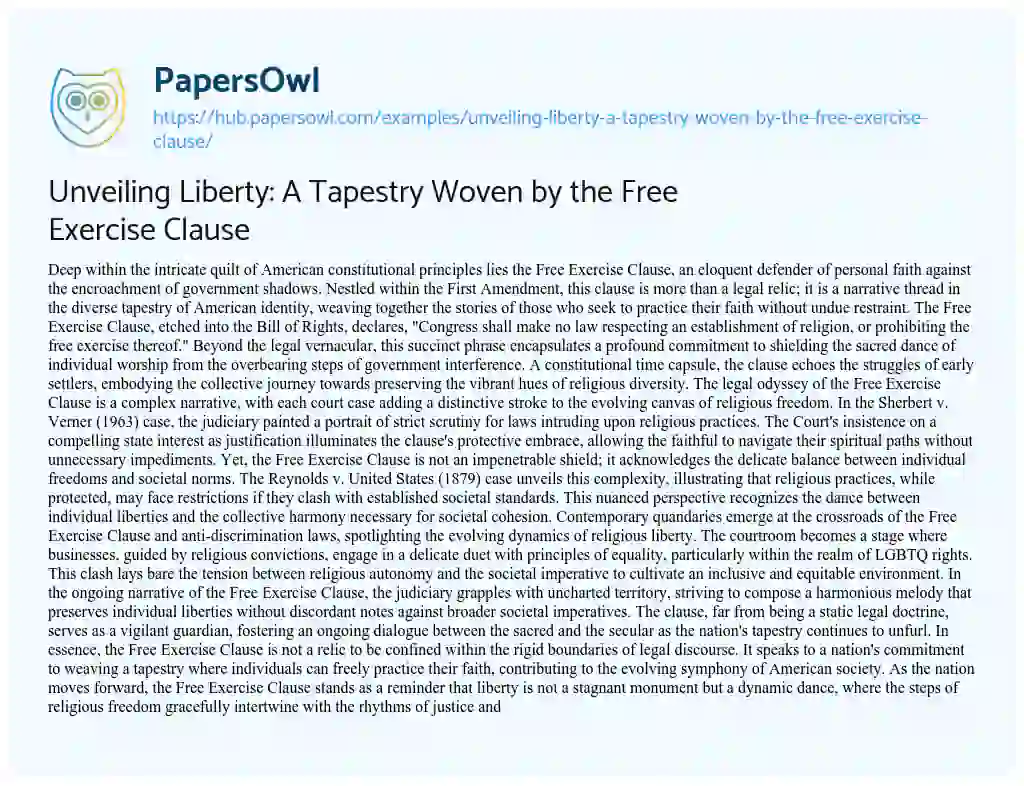 Essay on Unveiling Liberty: A Tapestry Woven by the Free Exercise Clause