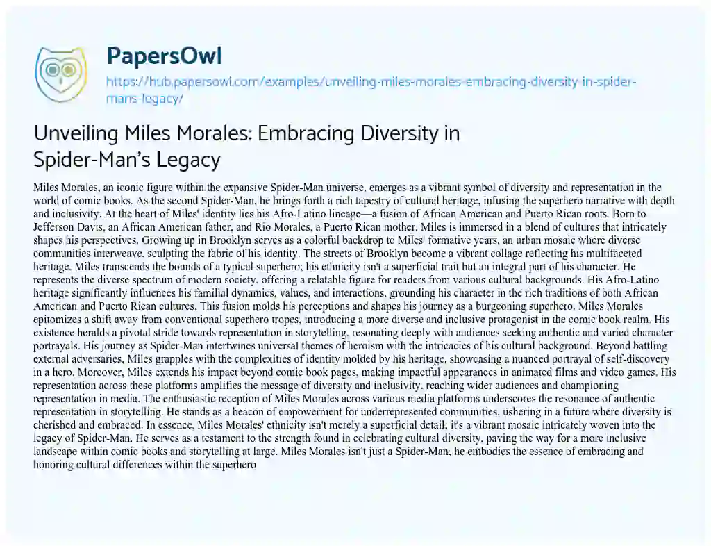 Essay on Unveiling Miles Morales: Embracing Diversity in Spider-Man’s Legacy