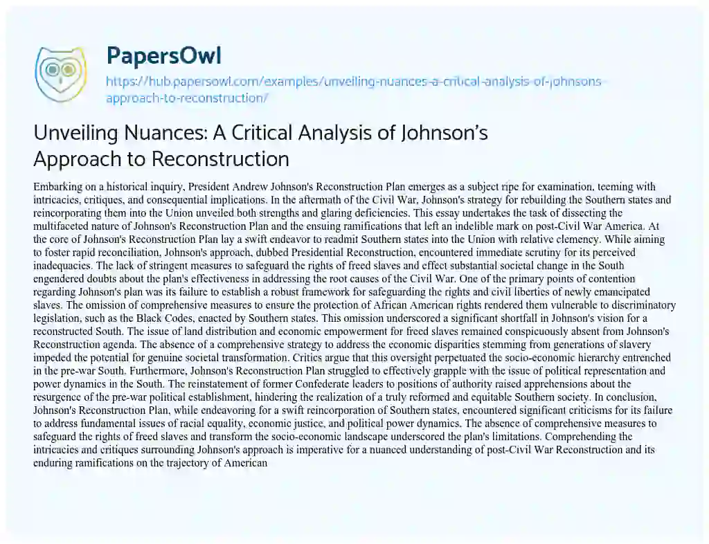 Essay on Unveiling Nuances: A Critical Analysis of Johnson’s Approach to Reconstruction