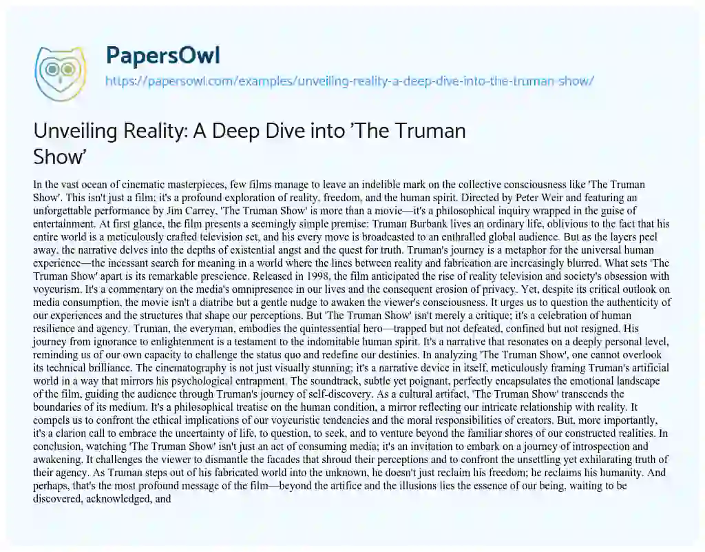 Essay on Unveiling Reality: A Deep Dive into ‘The Truman Show’