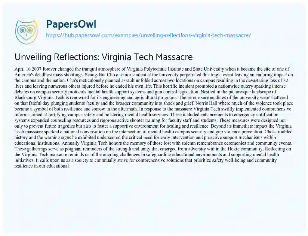 Essay on Unveiling Reflections: Virginia Tech Massacre