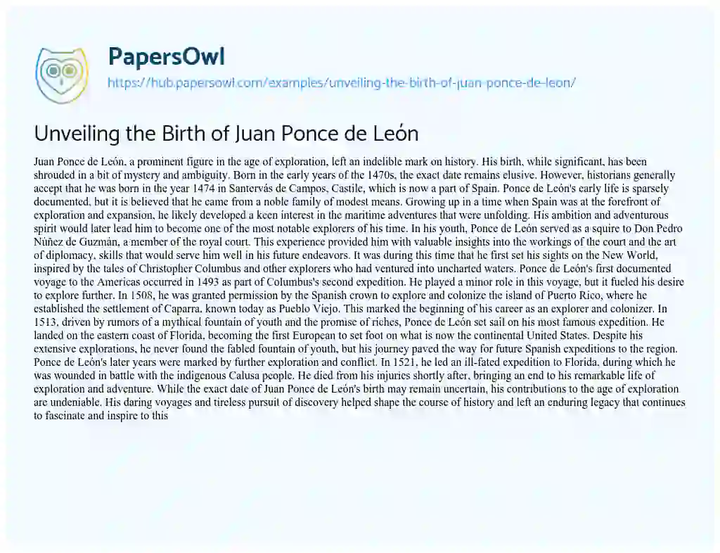 Essay on Unveiling the Birth of Juan Ponce de León