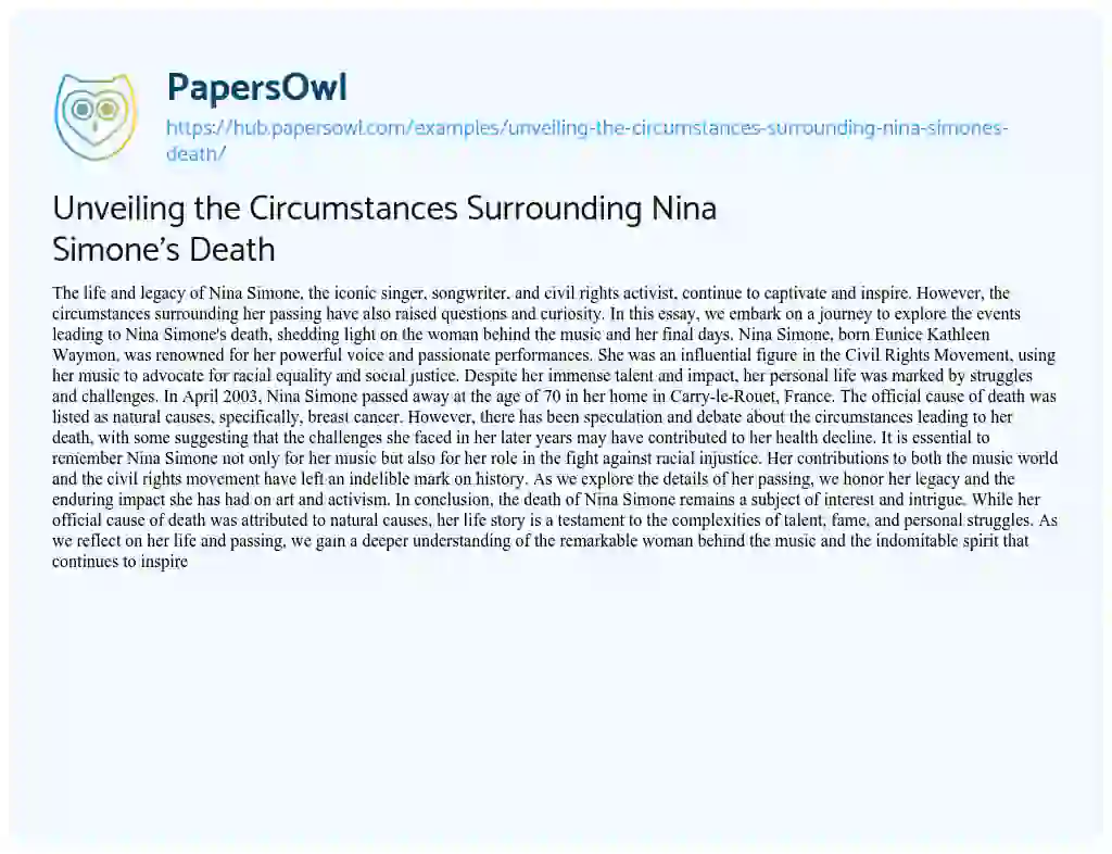 Essay on Unveiling the Circumstances Surrounding Nina Simone’s Death