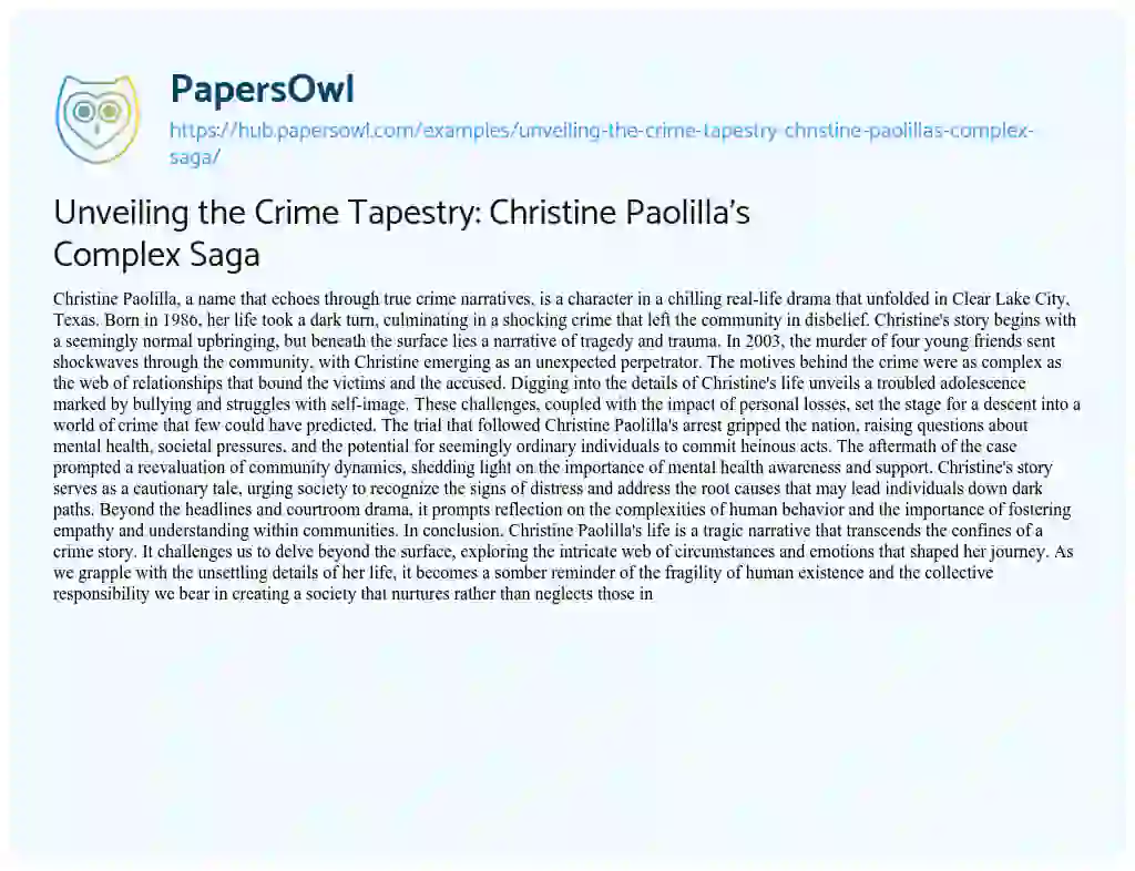 Essay on Unveiling the Crime Tapestry: Christine Paolilla’s Complex Saga