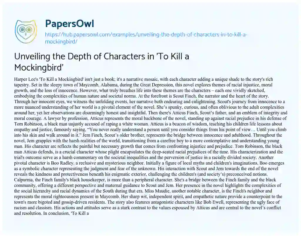 Essay on Unveiling the Depth of Characters in ‘To Kill a Mockingbird’