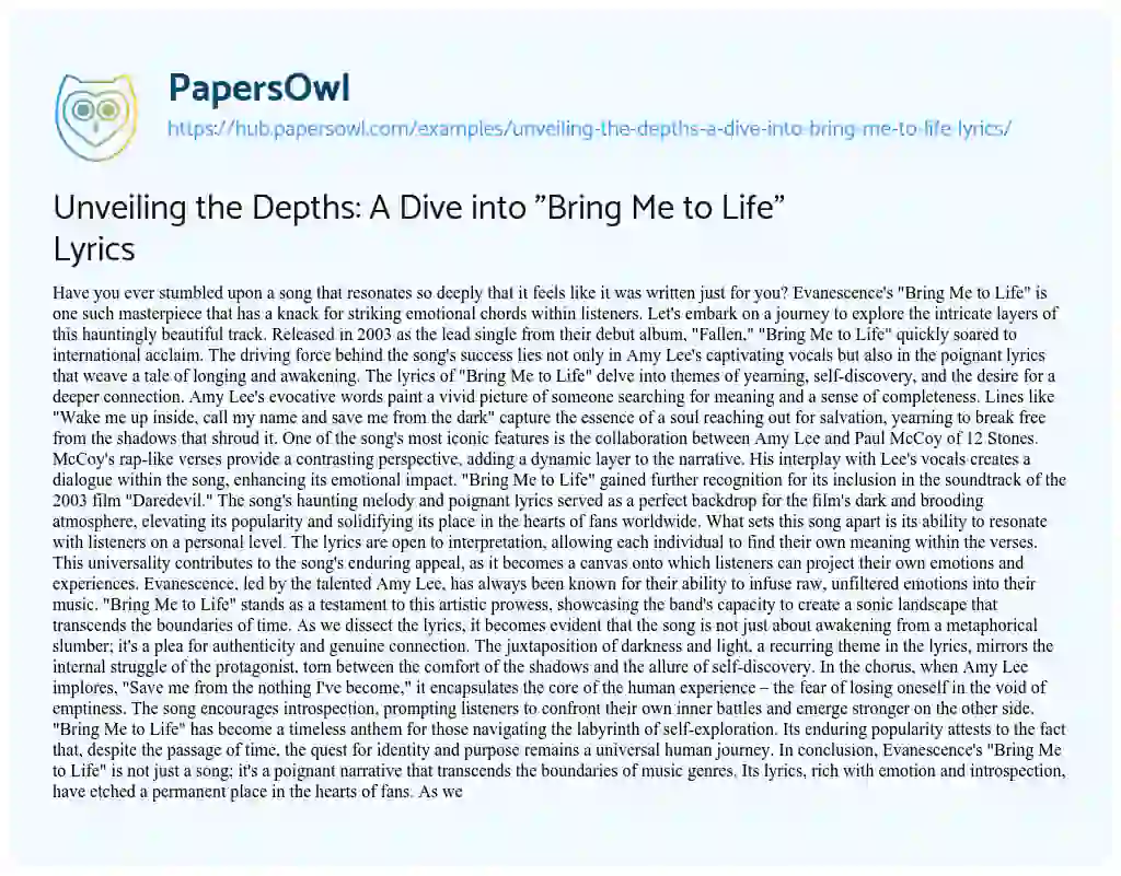 Essay on Unveiling the Depths: A Dive into “Bring Me to Life” Lyrics