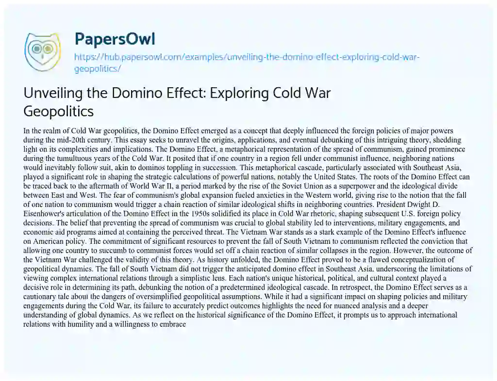 Essay on Unveiling the Domino Effect: Exploring Cold War Geopolitics