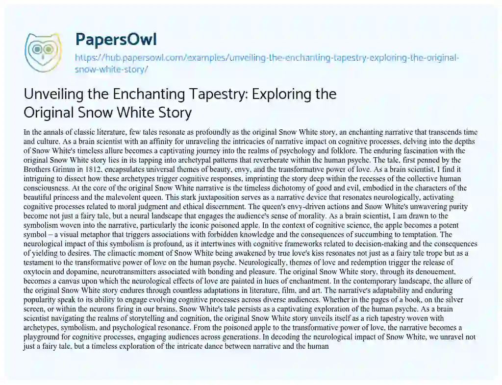 Essay on Unveiling the Enchanting Tapestry: Exploring the Original Snow White Story
