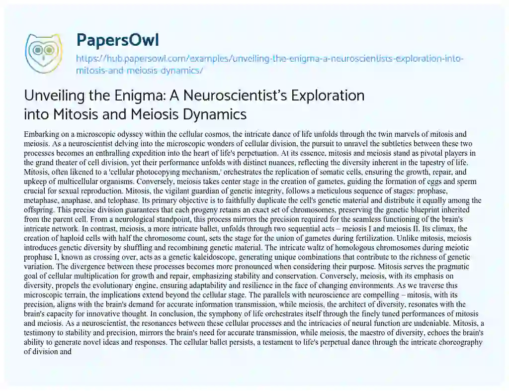 Essay on Unveiling the Enigma: A Neuroscientist’s Exploration into Mitosis and Meiosis Dynamics
