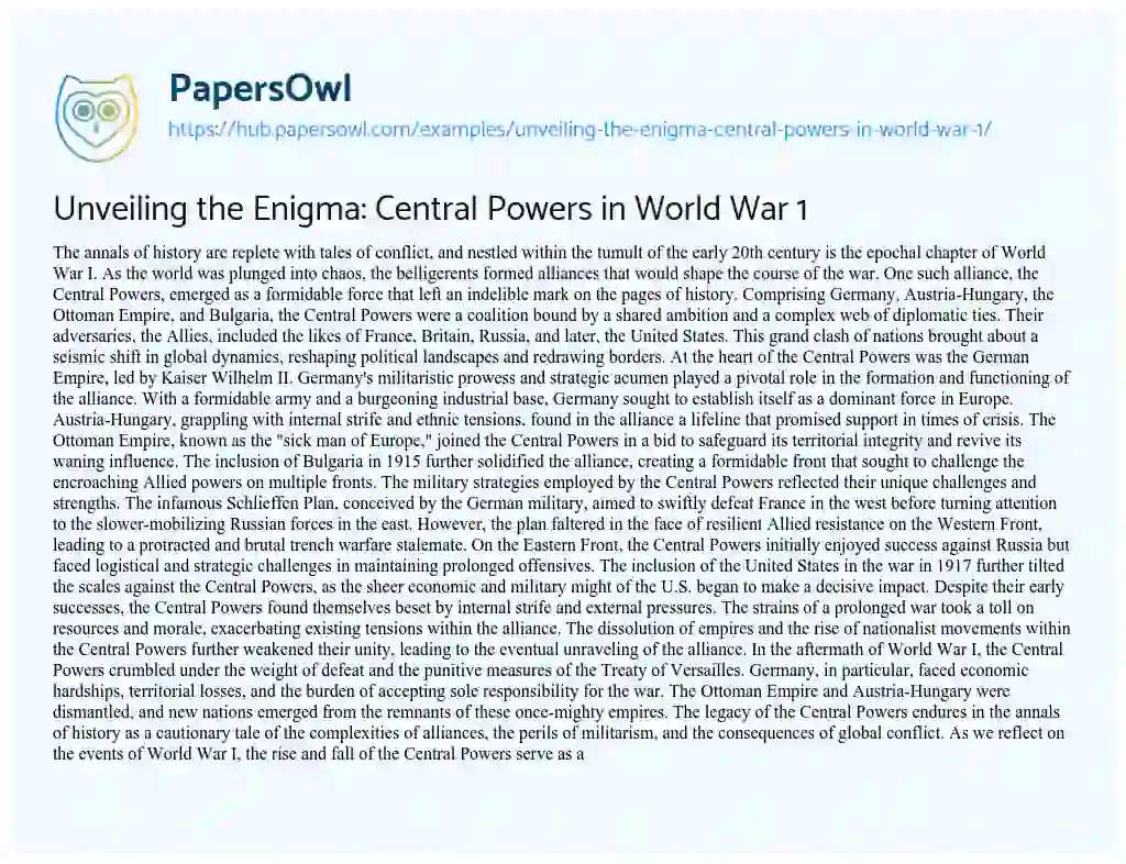 Essay on Unveiling the Enigma: Central Powers in World War 1