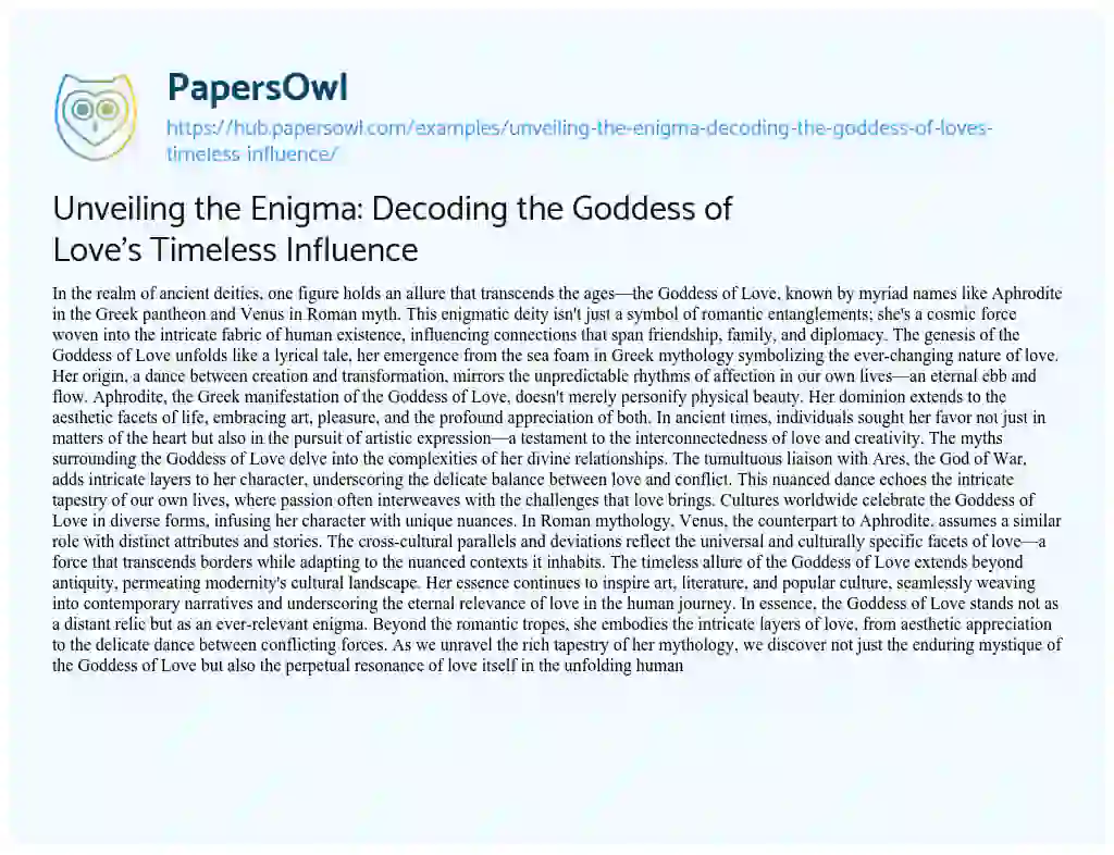 Essay on Unveiling the Enigma: Decoding the Goddess of Love’s Timeless Influence