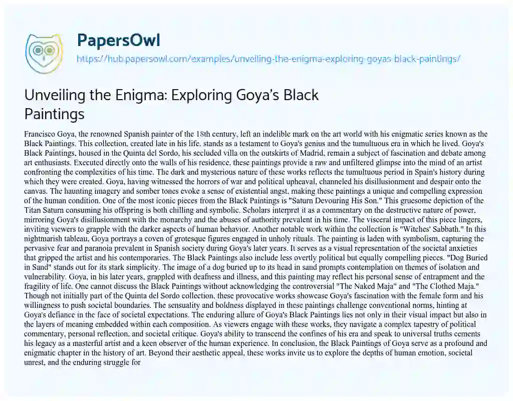 Essay on Unveiling the Enigma: Exploring Goya’s Black Paintings