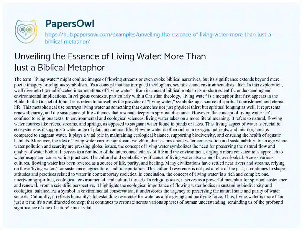 Essay on Unveiling the Essence of Living Water: More Than Just a Biblical Metaphor