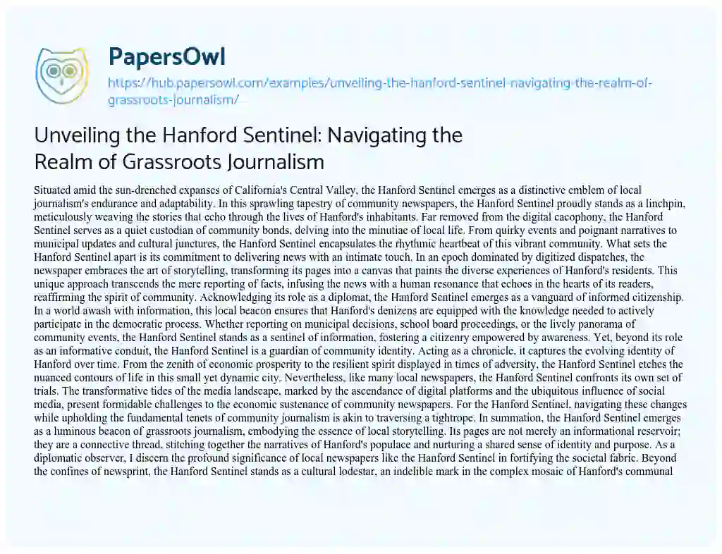 Essay on Unveiling the Hanford Sentinel: Navigating the Realm of Grassroots Journalism
