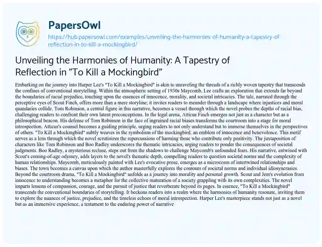 Essay on Unveiling the Harmonies of Humanity: A Tapestry of Reflection in “To Kill a Mockingbird”