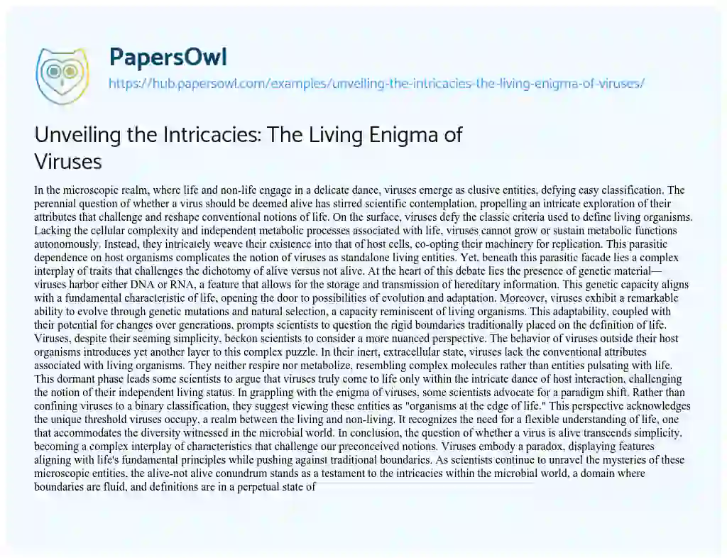 Essay on Unveiling the Intricacies: The Living Enigma of Viruses