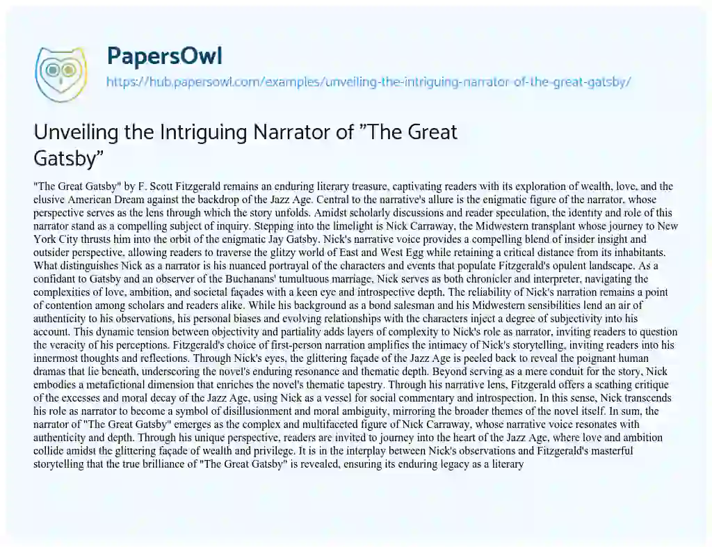 Essay on Unveiling the Intriguing Narrator of “The Great Gatsby”