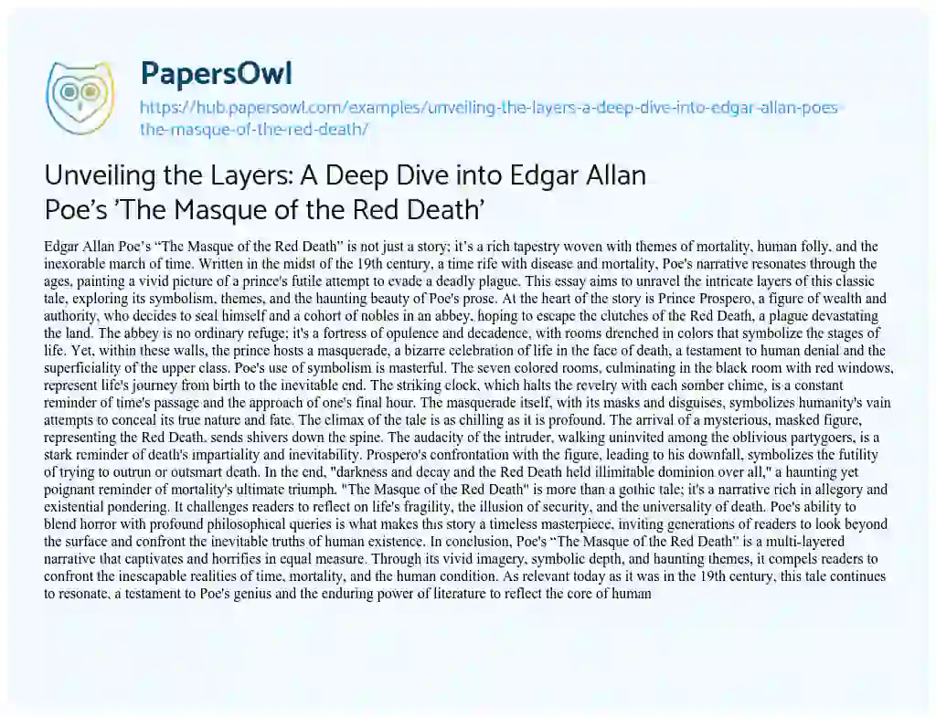 Essay on Unveiling the Layers: A Deep Dive into Edgar Allan Poe’s ‘The Masque of the Red Death’