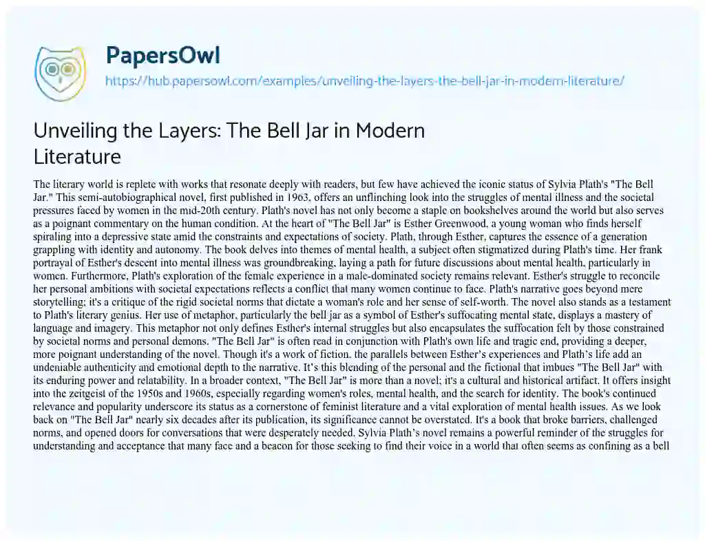 Essay on Unveiling the Layers: The Bell Jar in Modern Literature