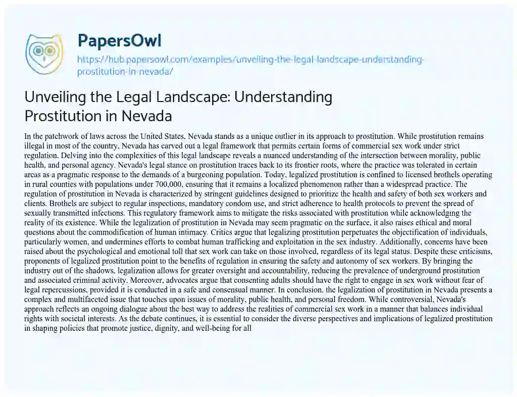 Essay on Unveiling the Legal Landscape: Understanding Prostitution in Nevada