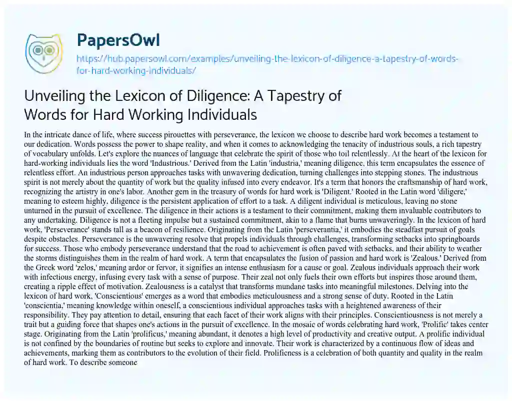 Essay on Unveiling the Lexicon of Diligence: A Tapestry of Words for Hard Working Individuals