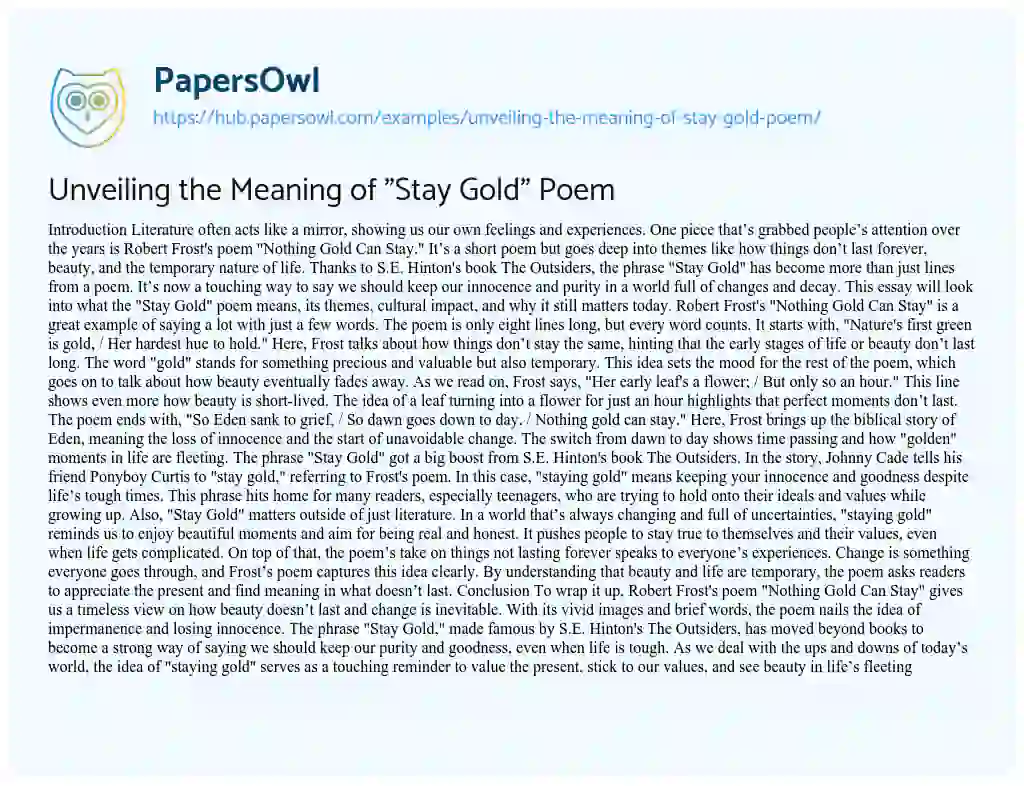 Essay on Unveiling the Meaning of “Stay Gold” Poem