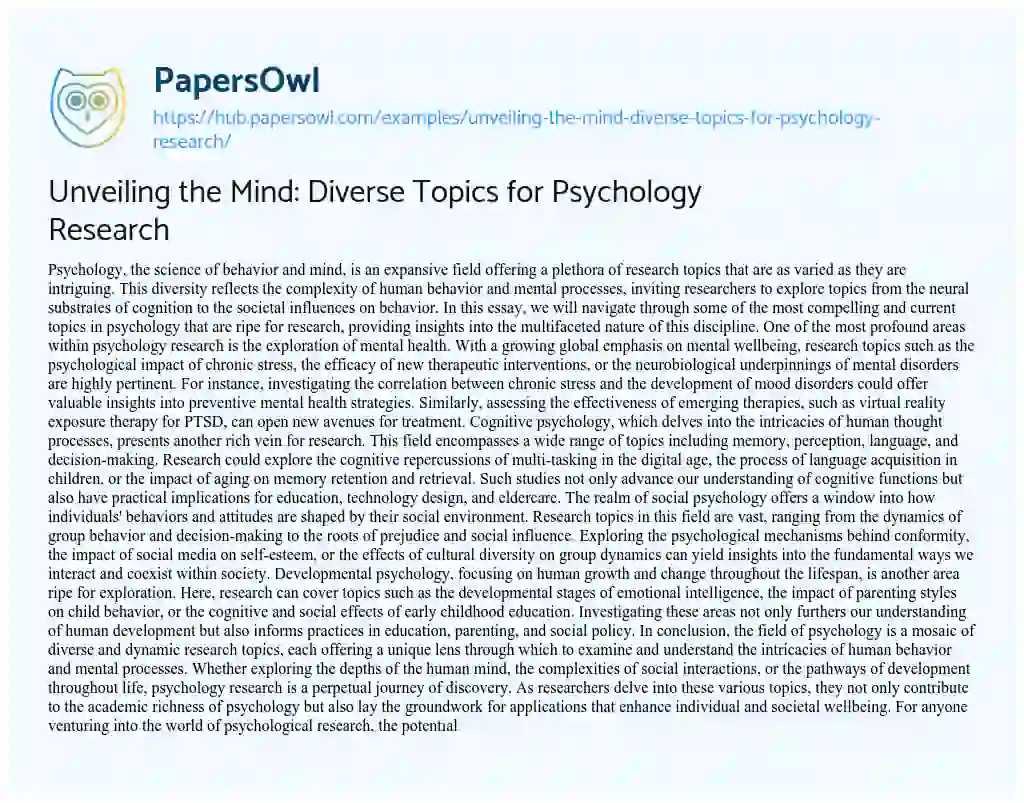 Essay on Unveiling the Mind: Diverse Topics for Psychology Research