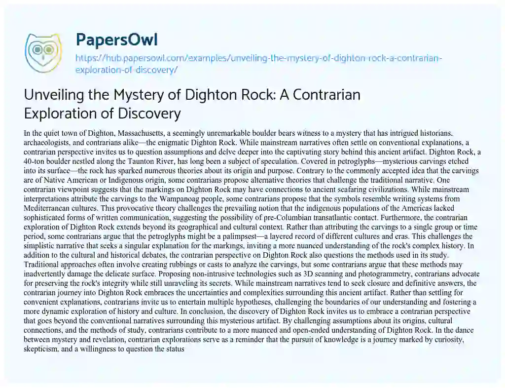 Essay on Unveiling the Mystery of Dighton Rock: A Contrarian Exploration of Discovery