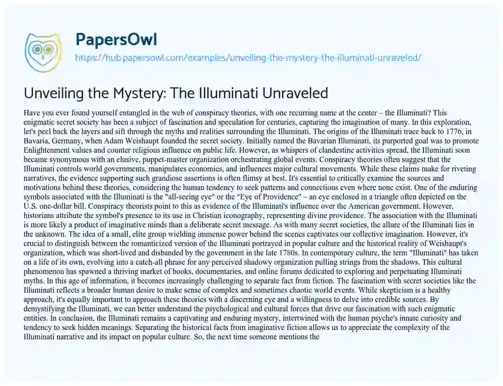 Essay on Unveiling the Mystery: The Illuminati Unraveled