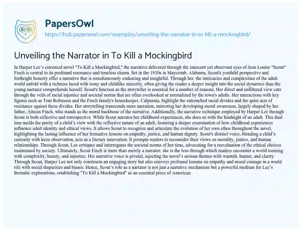 Essay on Unveiling the Narrator in To Kill a Mockingbird