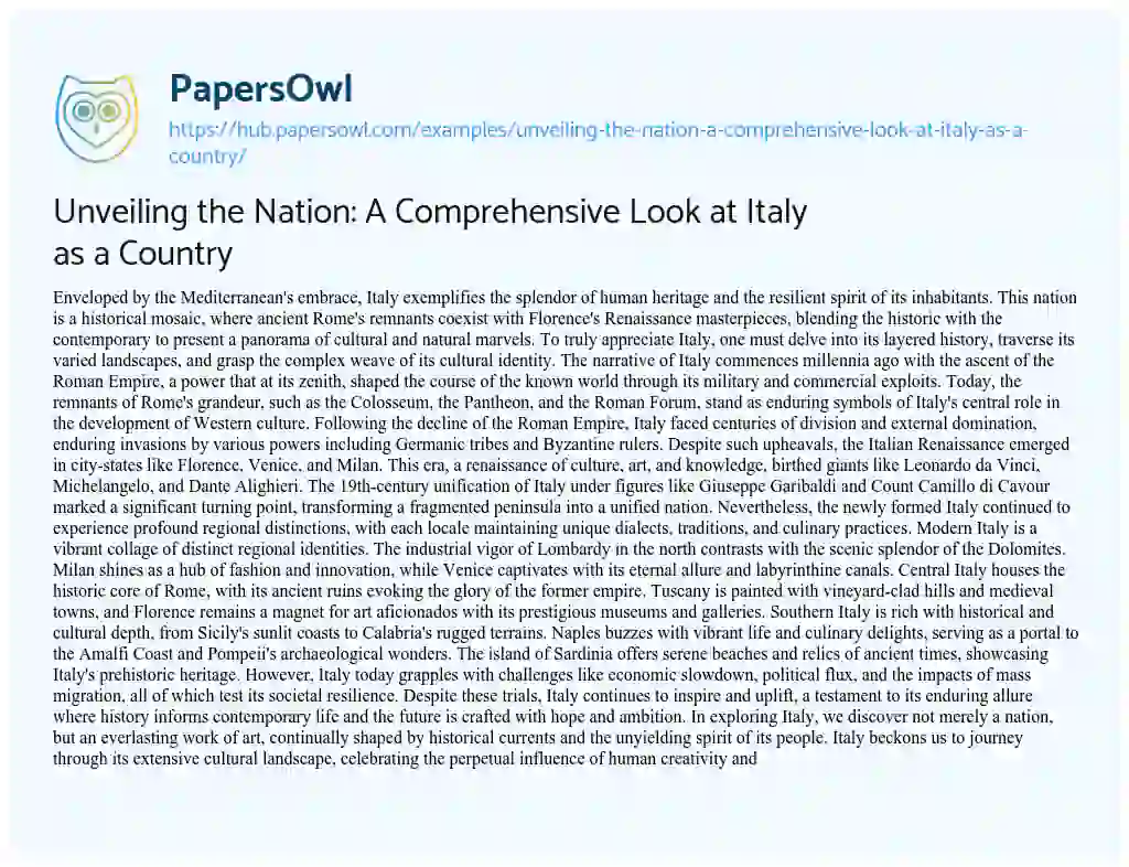 Essay on Unveiling the Nation: A Comprehensive Look at Italy as a Country