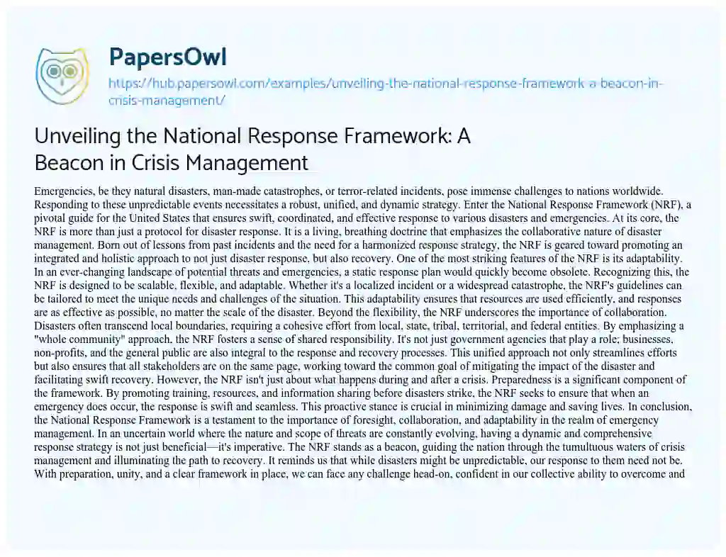 Essay on Unveiling the National Response Framework: A Beacon in Crisis Management