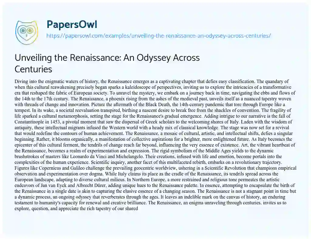 Essay on Unveiling the Renaissance: An Odyssey Across Centuries