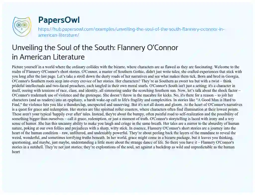 Essay on Unveiling the Soul of the South: Flannery O’Connor in American Literature