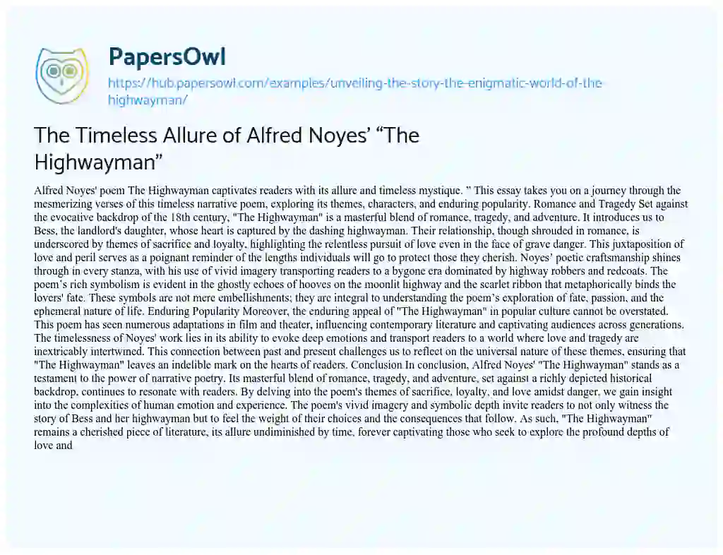 Essay on The Timeless Allure of Alfred Noyes’ “The Highwayman”