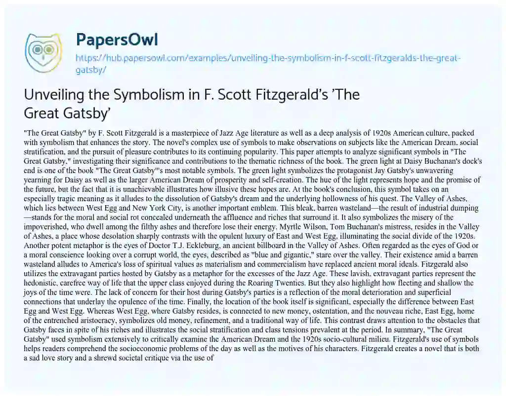 Essay on Unveiling the Symbolism in F. Scott Fitzgerald’s ‘The Great Gatsby’