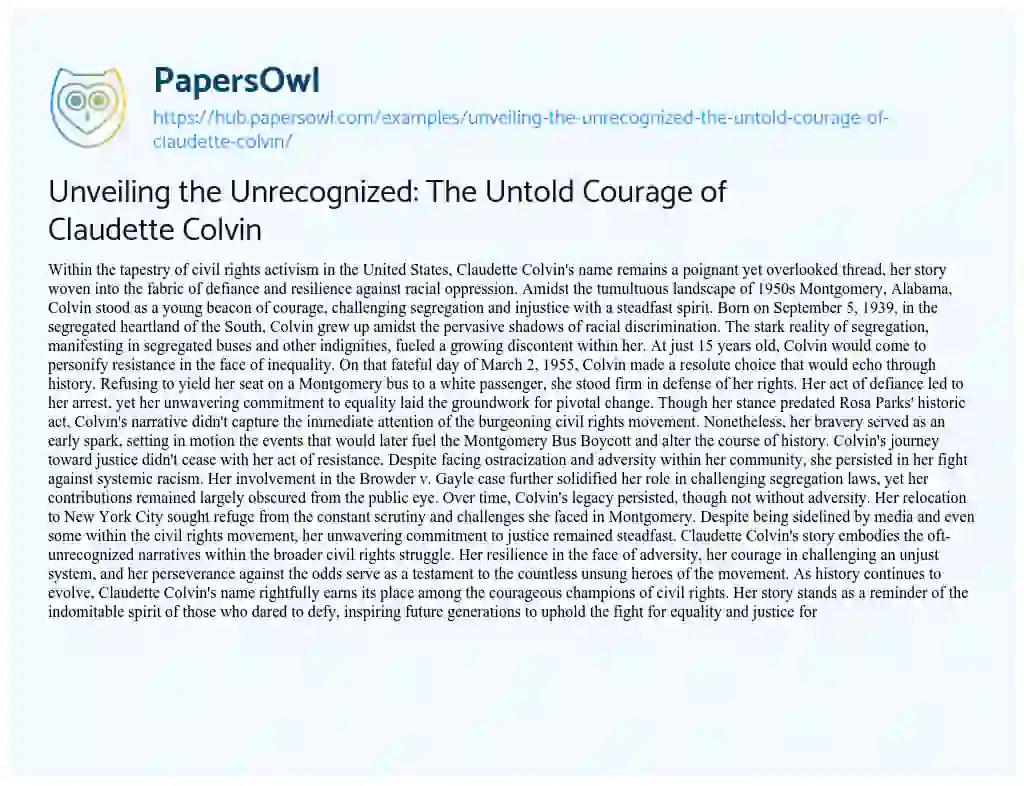 Essay on Unveiling the Unrecognized: The Untold Courage of Claudette Colvin