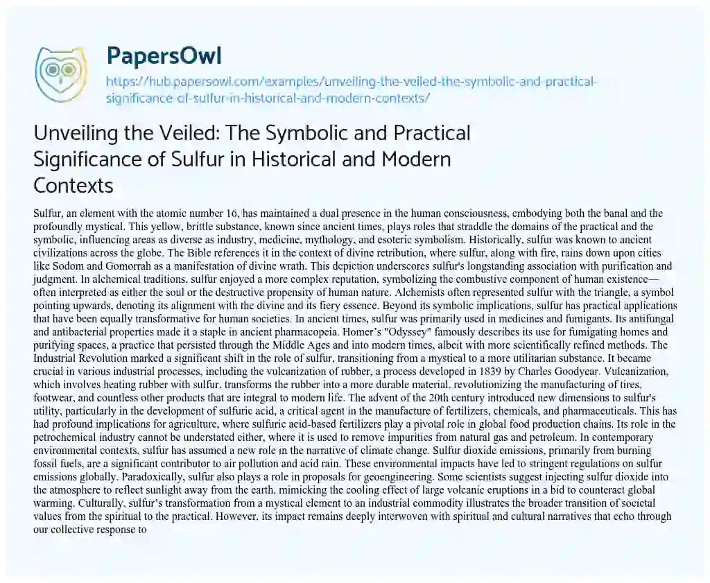 Essay on Unveiling the Veiled: The Symbolic and Practical Significance of Sulfur in Historical and Modern Contexts