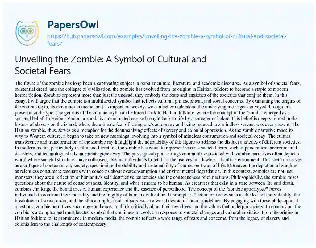 Essay on Unveiling the Zombie: A Symbol of Cultural and Societal Fears