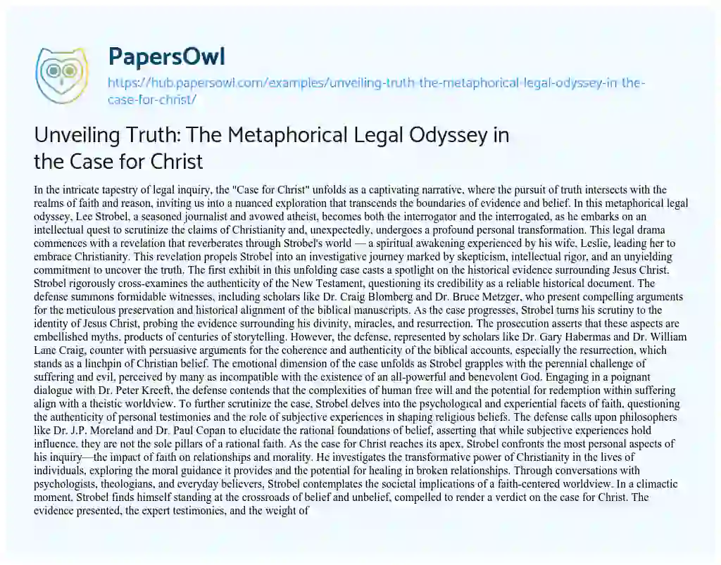Essay on Unveiling Truth: The Metaphorical Legal Odyssey in the Case for Christ