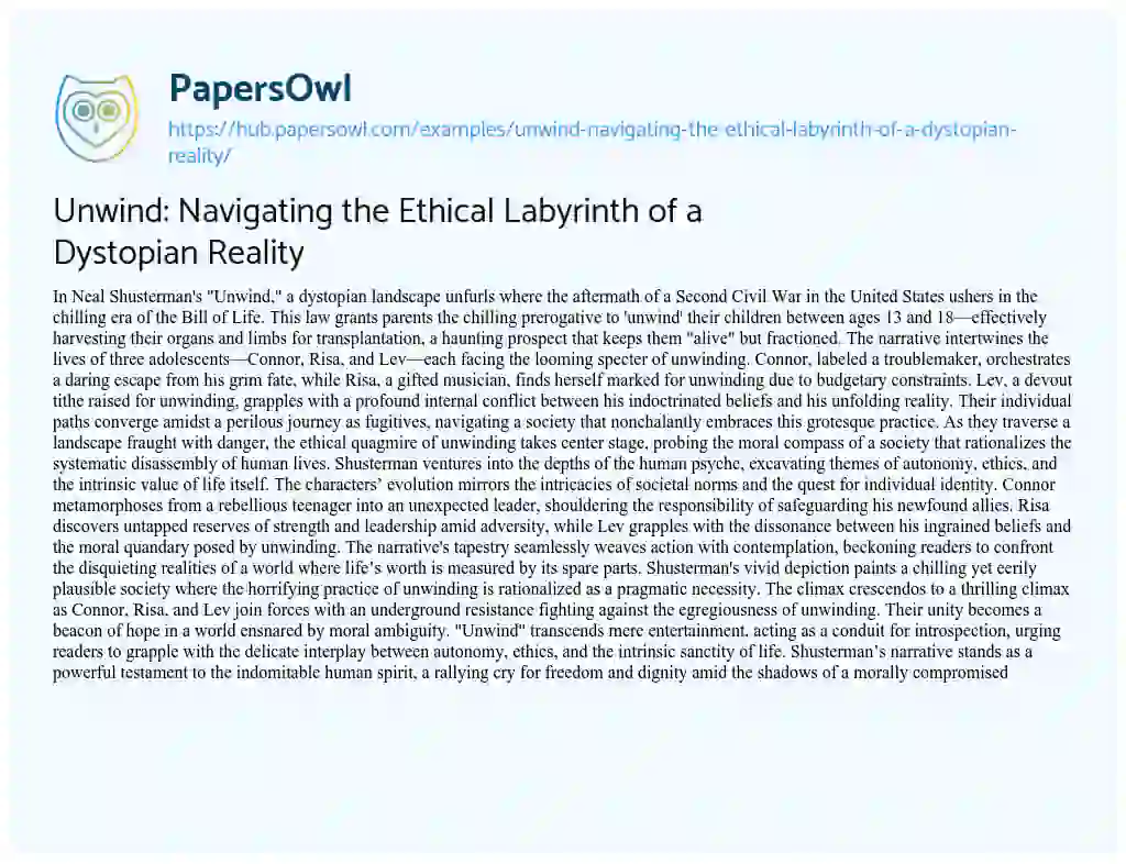 Essay on Unwind: Navigating the Ethical Labyrinth of a Dystopian Reality