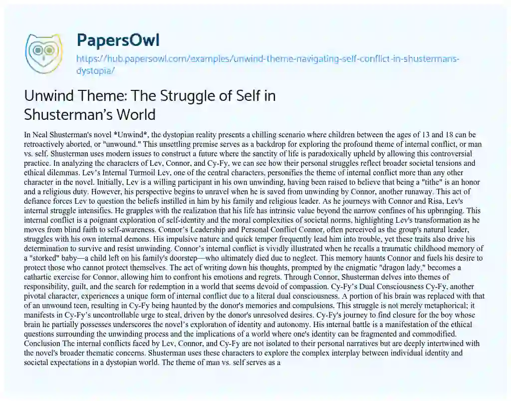 Essay on Unwind Theme: The Struggle of Self in Shusterman’s World