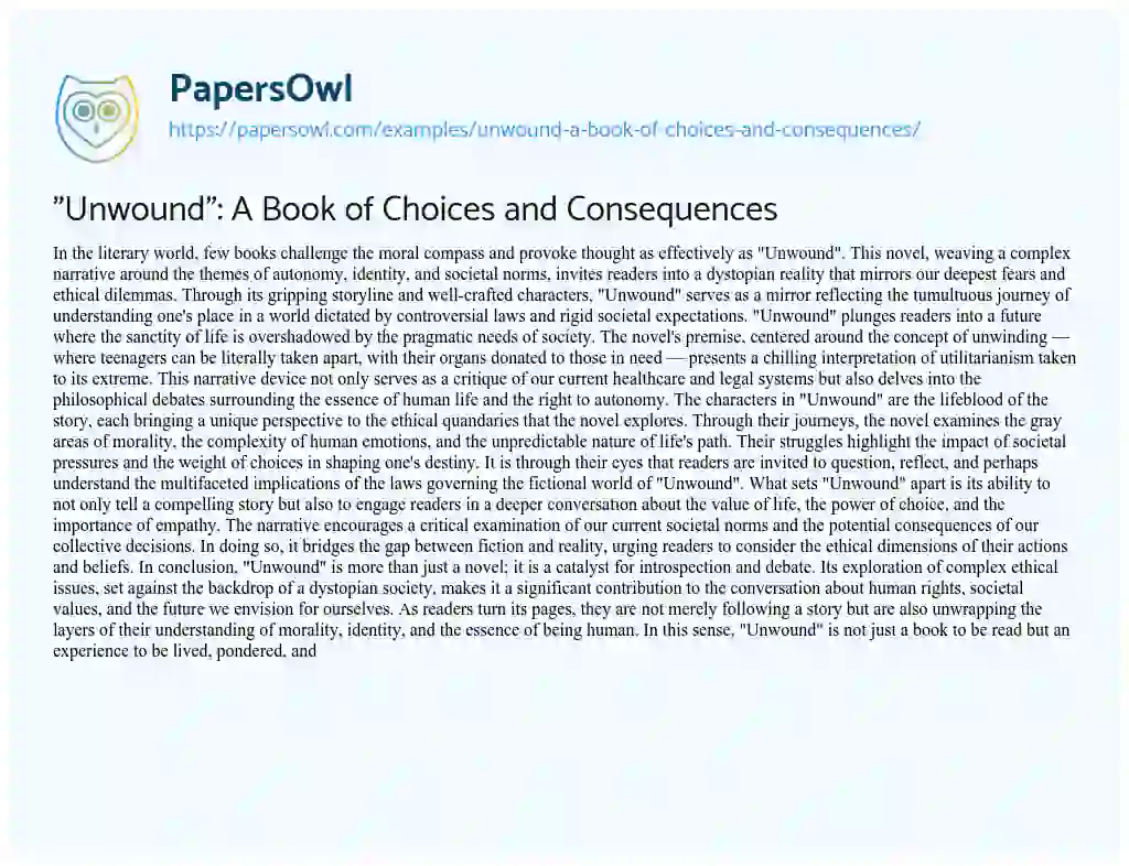 Essay on “Unwound”: A Book of Choices and Consequences