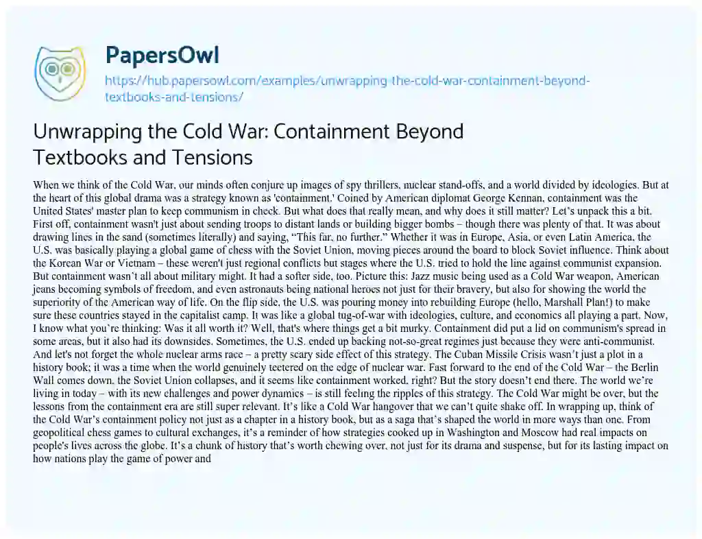 Essay on Unwrapping the Cold War: Containment Beyond Textbooks and Tensions