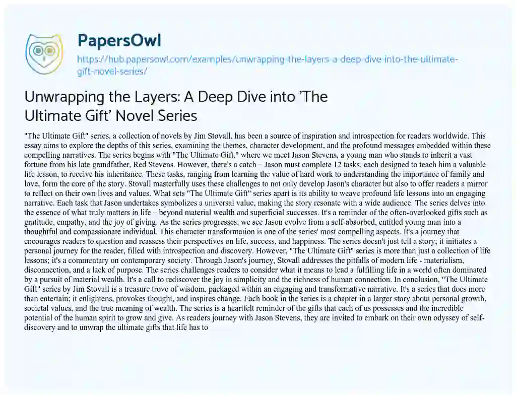 Essay on Unwrapping the Layers: A Deep Dive into ‘The Ultimate Gift’ Novel Series