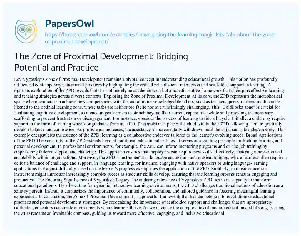 Essay on The Zone of Proximal Development: Bridging Potential and Practice