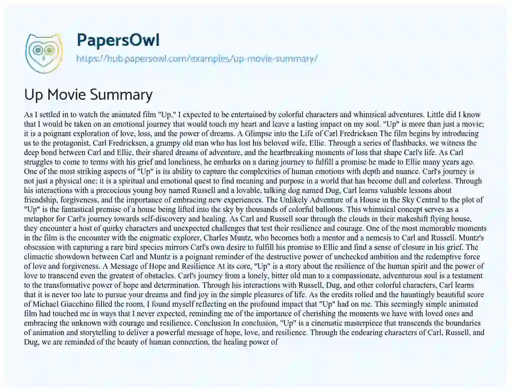 Essay on Up Movie Summary