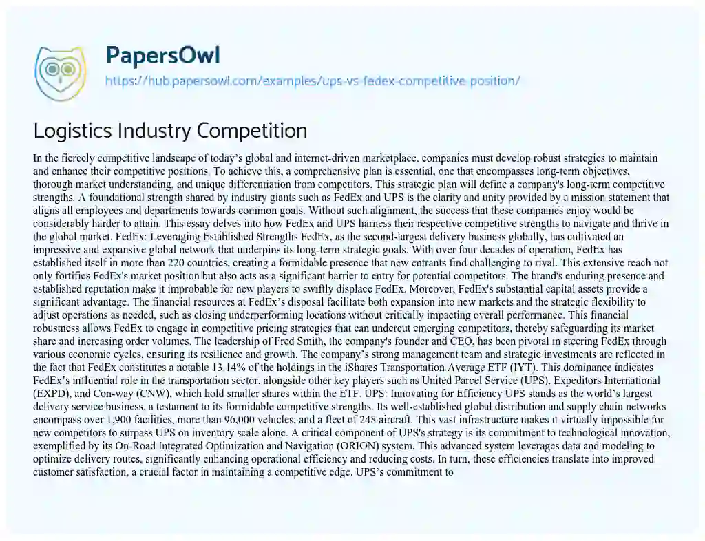 Essay on Logistics Industry Competition